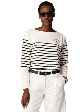 J Crew Cropped Fit Top Size Small Long Sleeve Striped USA Swimming Logo Nautical